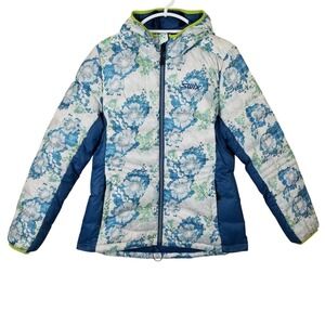 Swix Womens Floral Down Puffer Jacket Blue White Hooded Winter Coat Size L